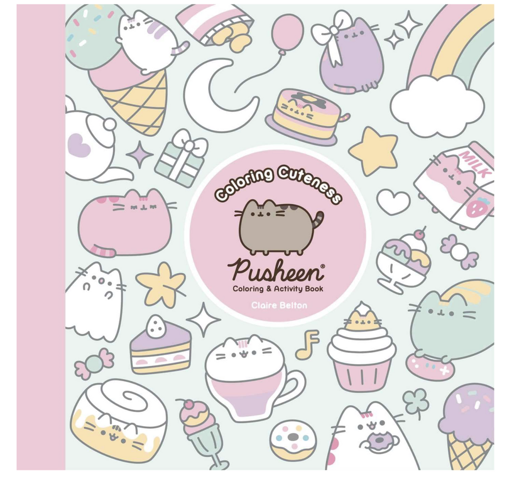 Cover of Coloring Cuteness with illustrations of Pusheen and all her friends and favorite treats. 
