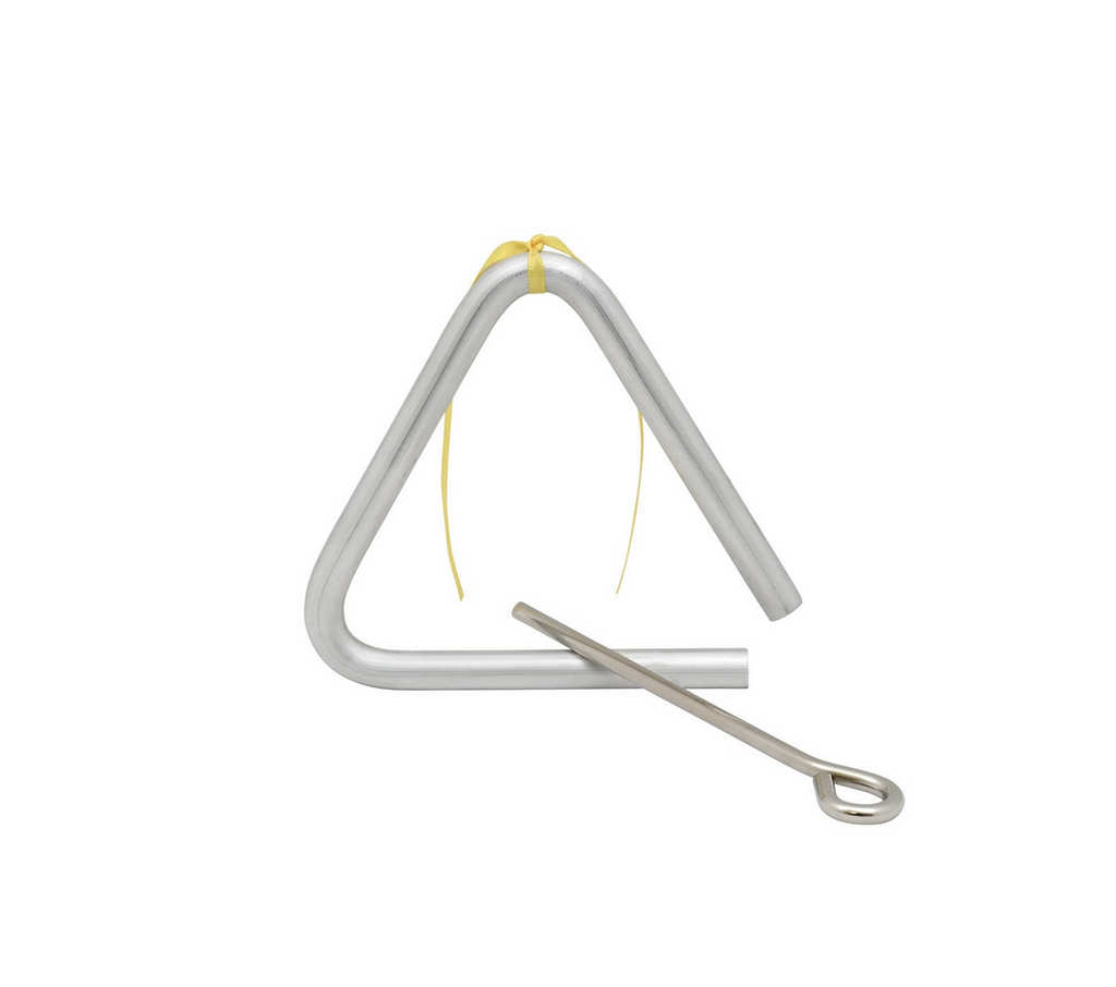 Silver musical triangle withe its holder and metal striker.