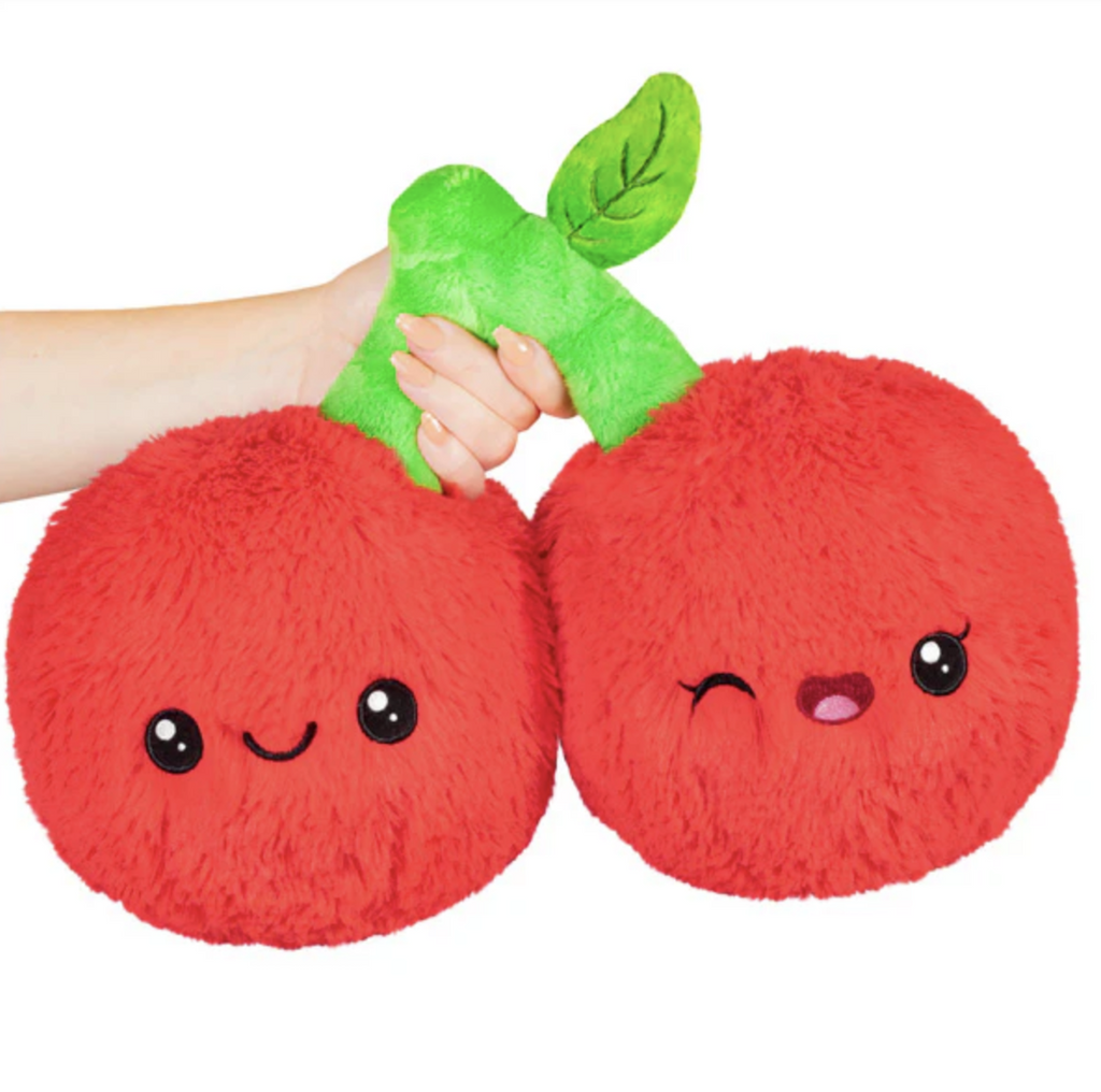 Plush red cherries attached to a green stem. One cherry has a smiling face with both eyes open and the other is winking. The pair are being held by the stem in a hand. 
