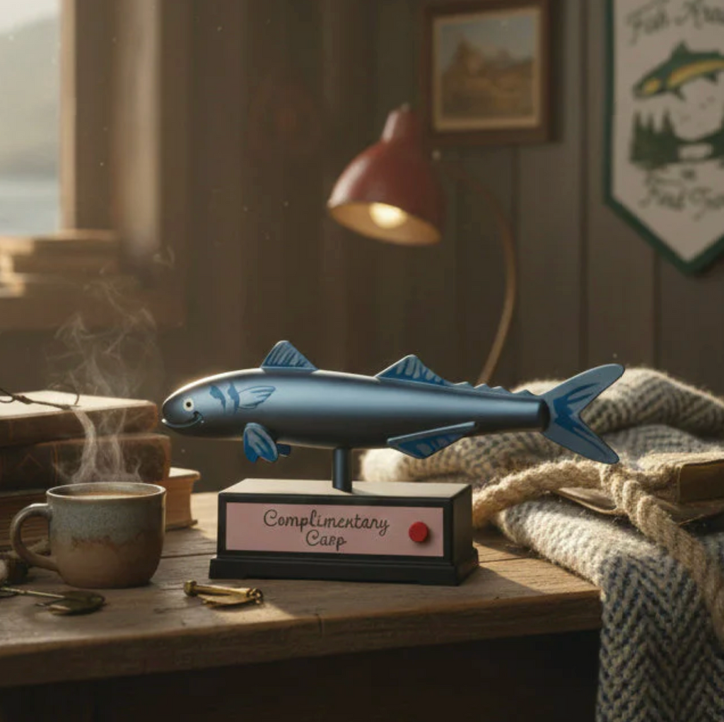 The Complimentary Carp placed on a desk with a steaming cup of coffee. 