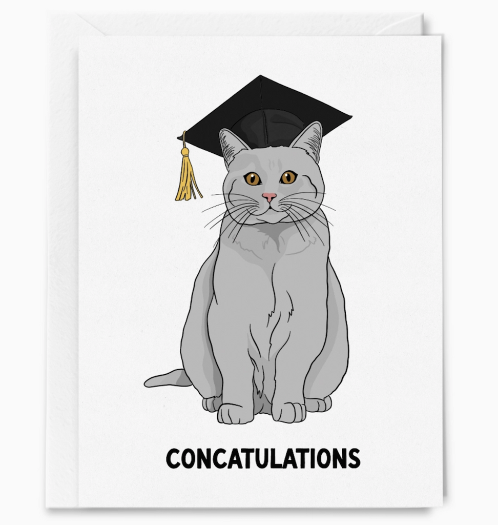 Illustrated greeting card featuring a grey cat wearing a black graduation cap with gold tassel, that reads "Concatulations"