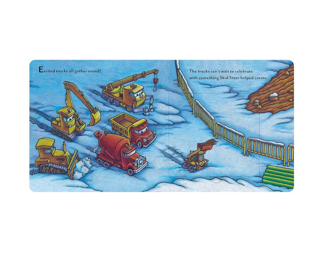 Illustration of construction vehicles on a snowy landscape