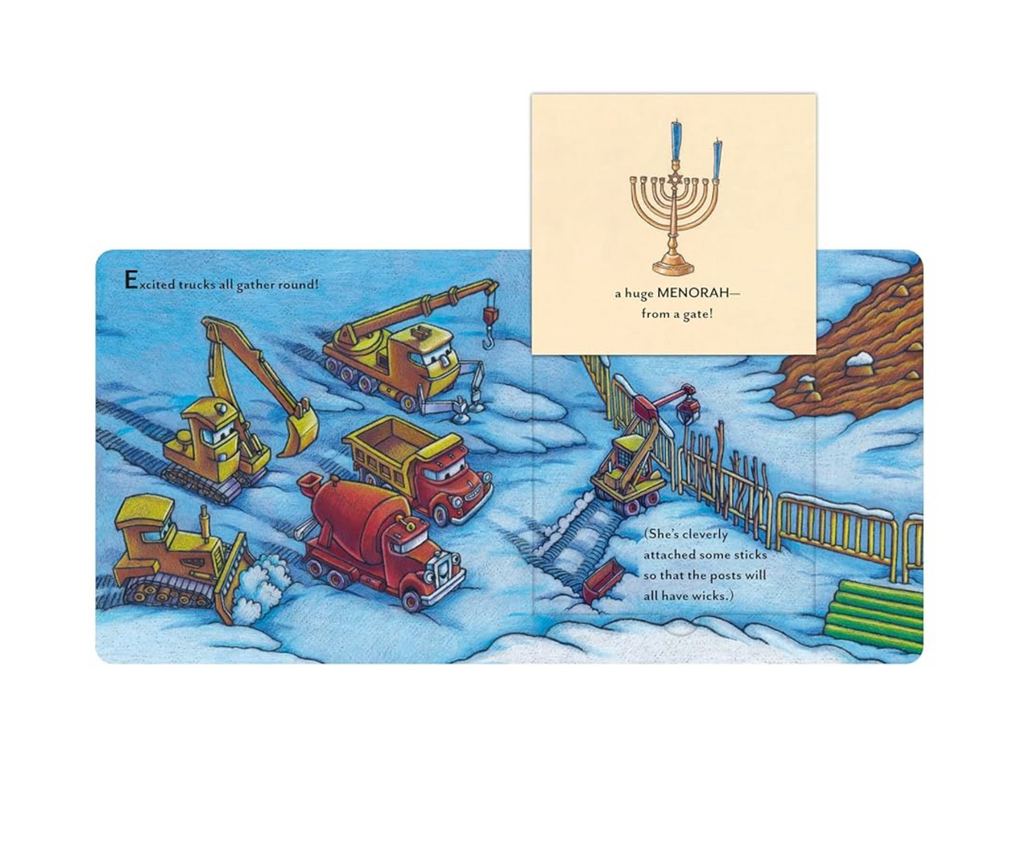 Illustration of toy trucks building a Menorah with a card featuring a Menorah on a white background.