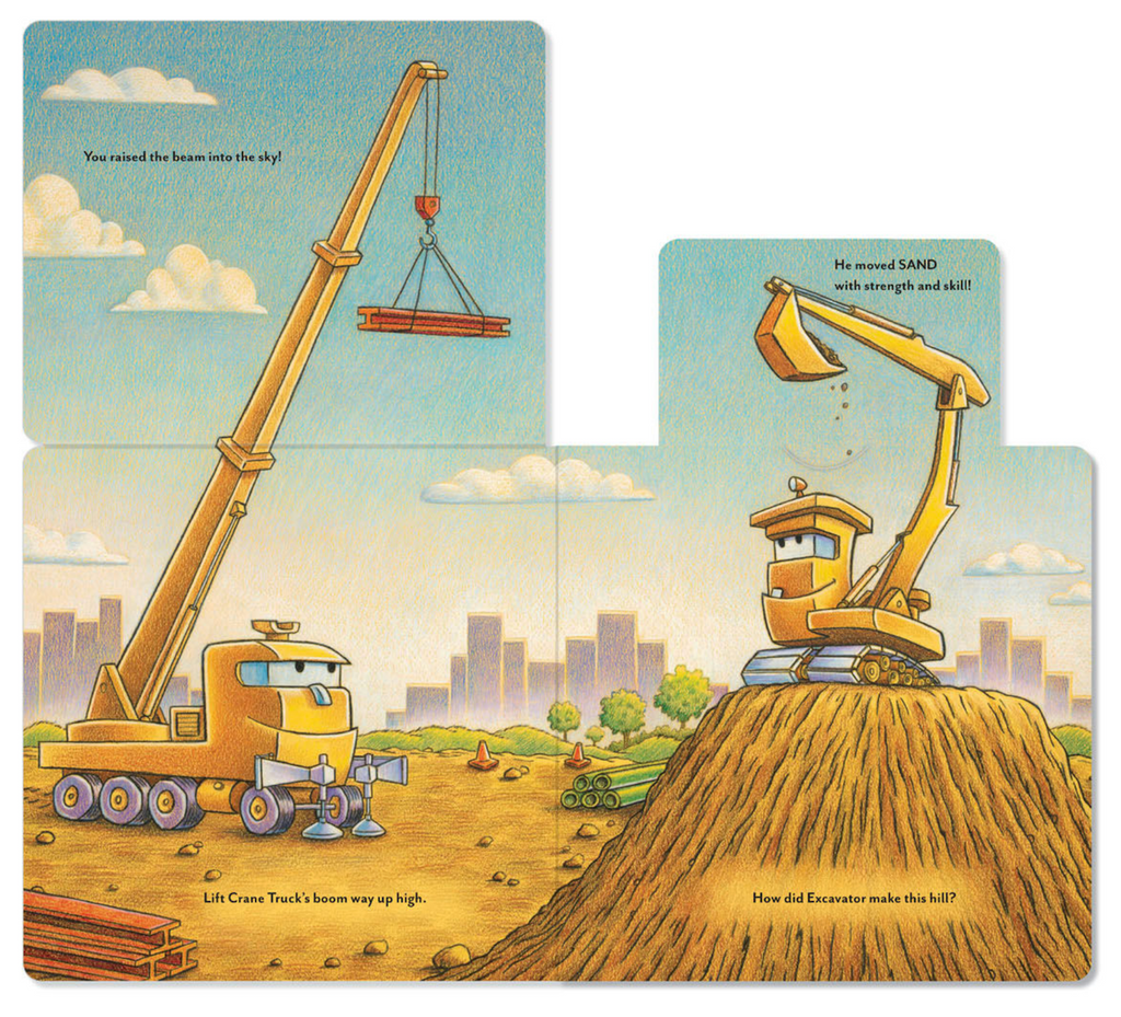 Internal pages from Construction Site The Crew Needs You interactive storybook with tabs lifted to show Crane Trucks boom lifted high and Excavators bucket filled with dirt. 