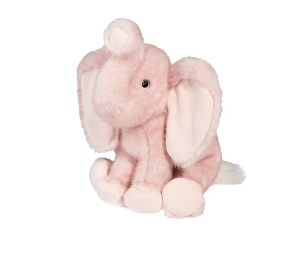 The cutest pink plush elephant with it's nose up in the air. 