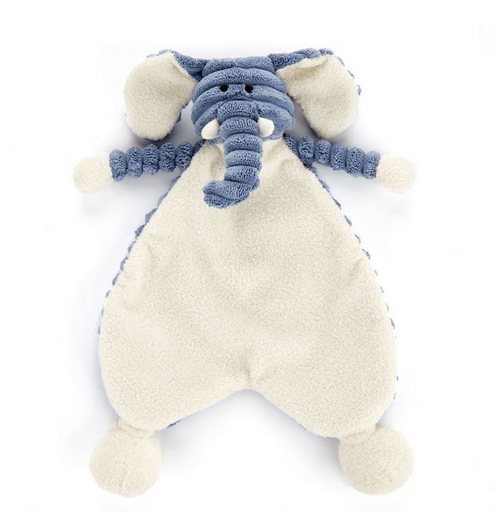 Blue and cream colored plush elephant with no stuffing. 