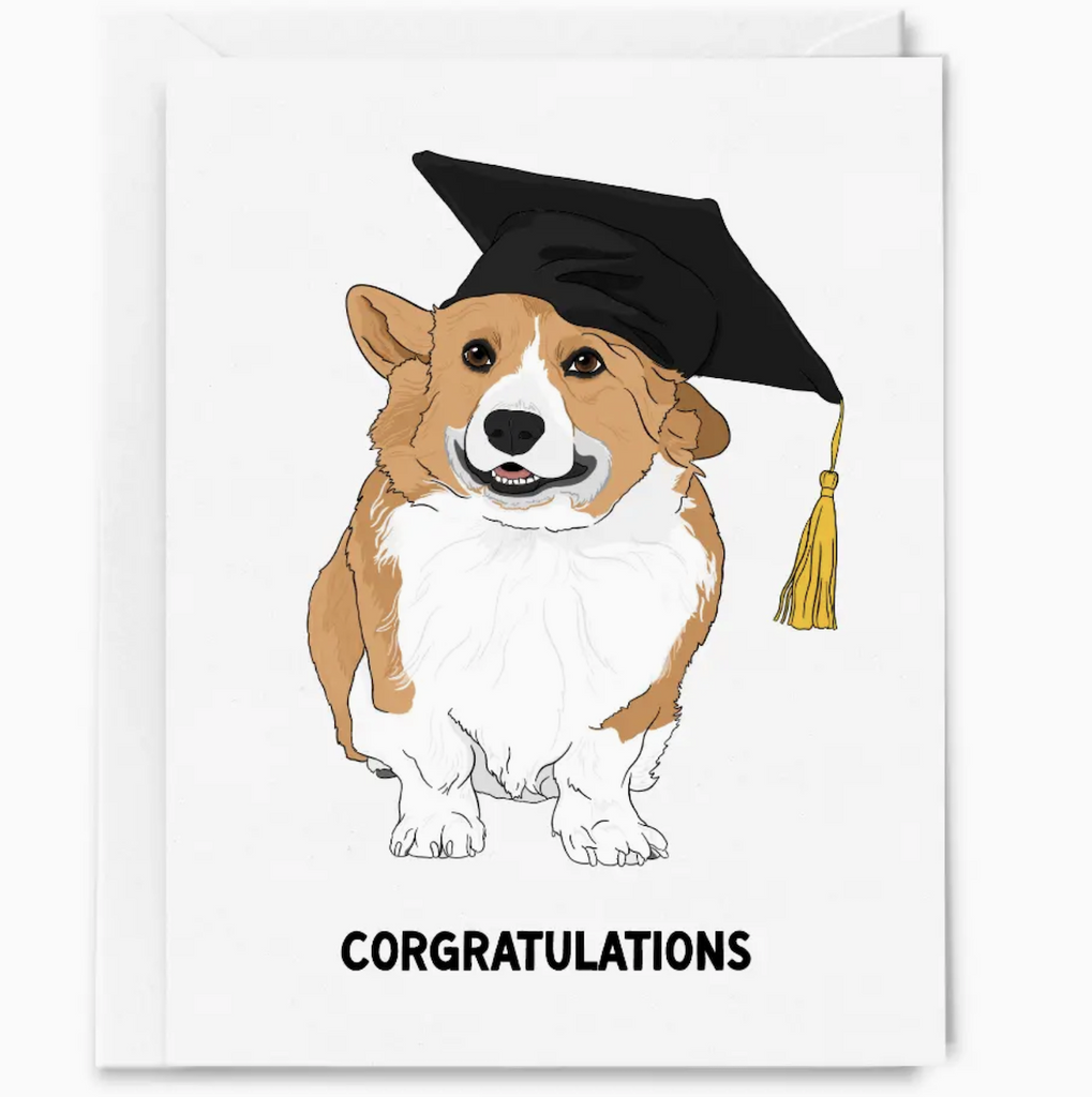 Illustrated greeting card featuring a tan and white corgi wearing a black graduation cap with gold tassel that reads "Corgratulations"