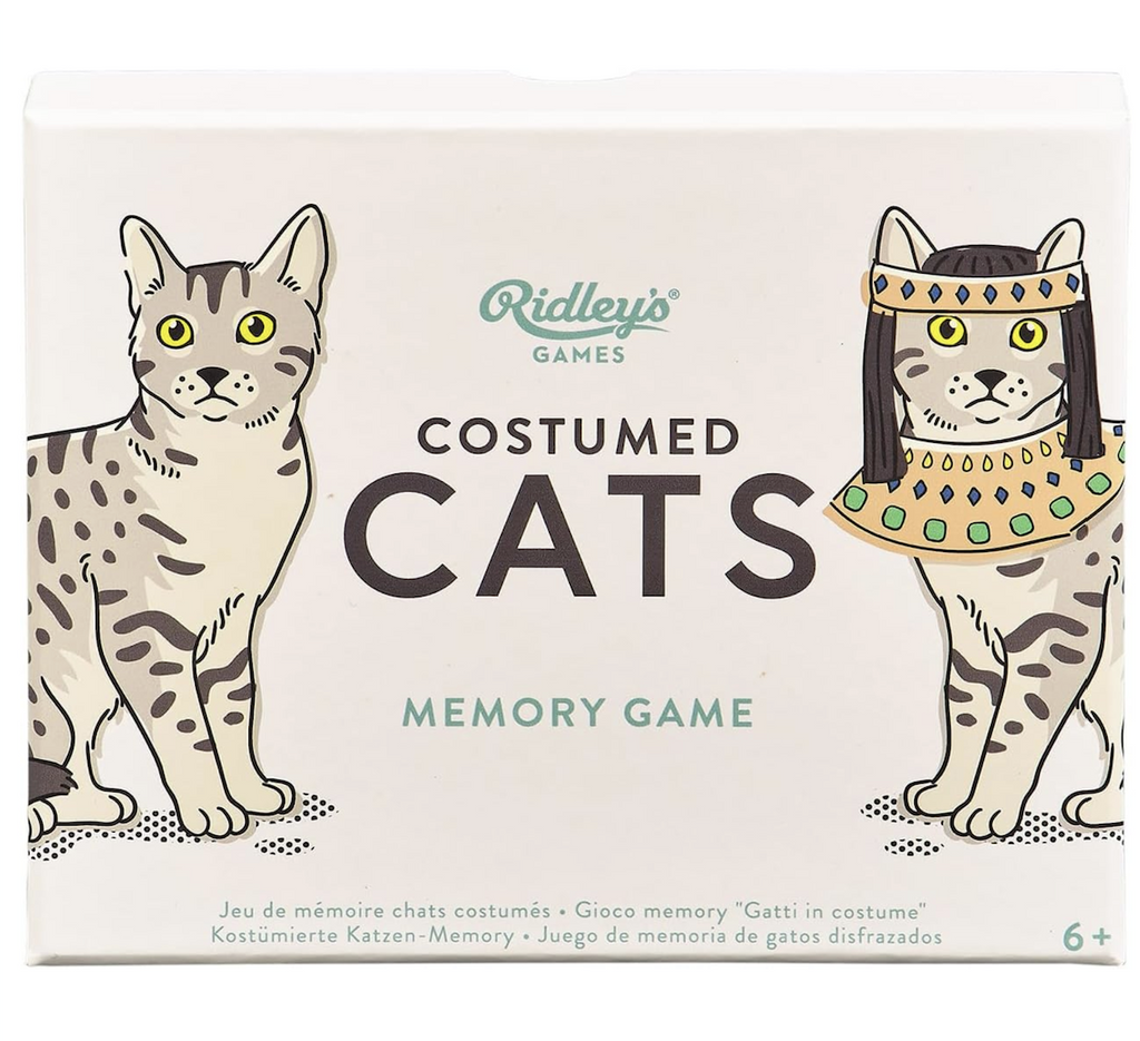 Costumed Cats game box cover with an illustration of two cats, one in a Cleopatra costume and the other not wearing a costume at all.  