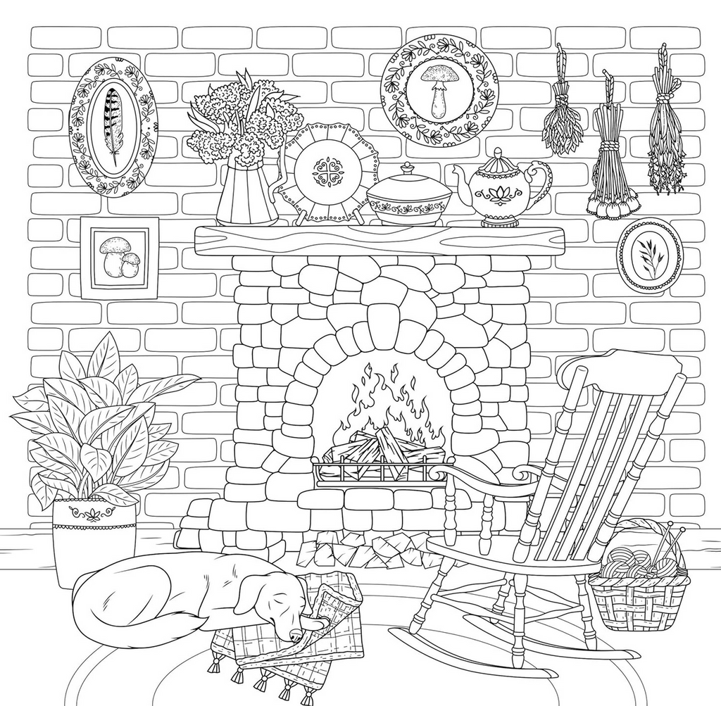 Black and white coloring page of a hearth with a roaring fire from Cottagecore coloring book 