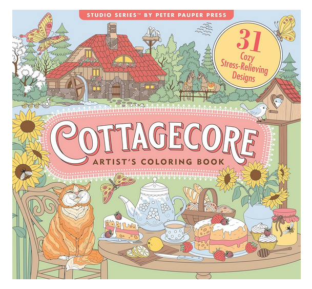 Cover of the Cottagecore coloring book with an illustrations that can be found in the book.