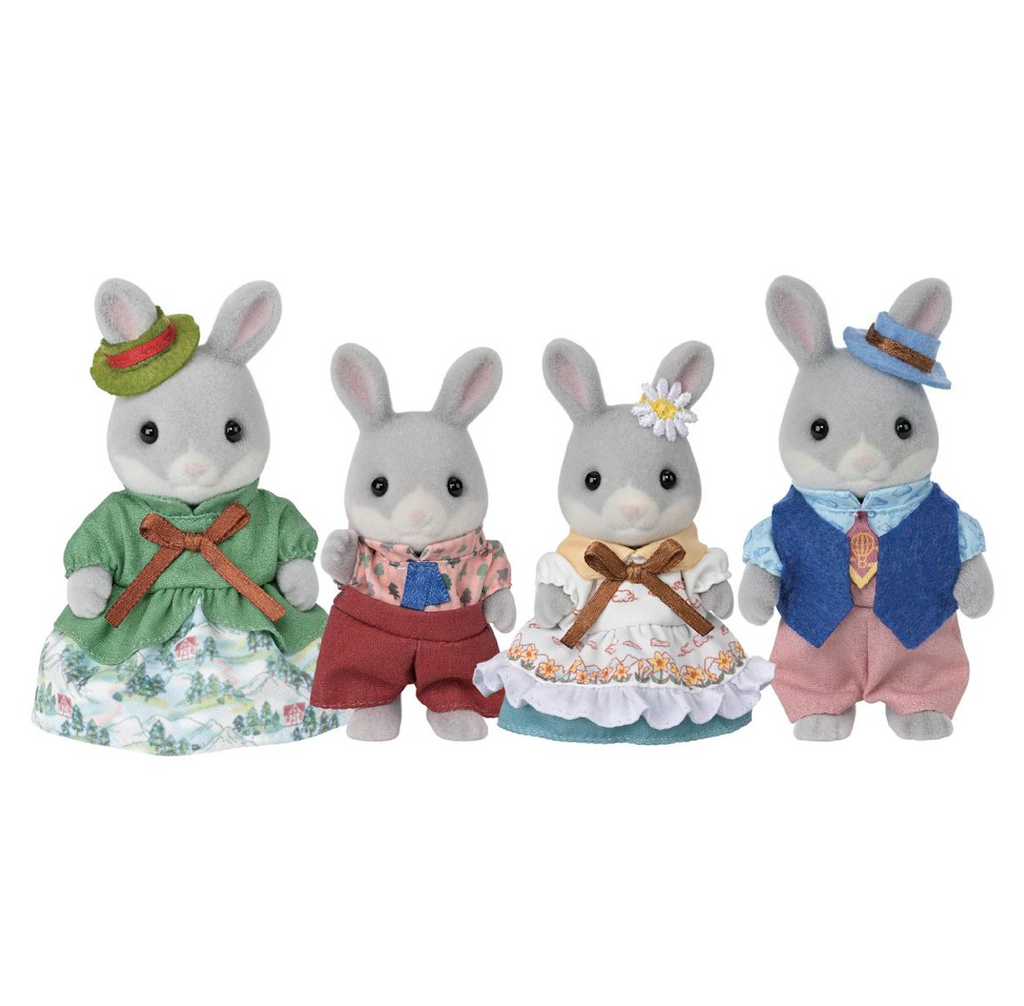 Cottontail Rabbit Family flocked figures wearing outfits inspired by the Calico Critters Cloverleaf Corners village. 