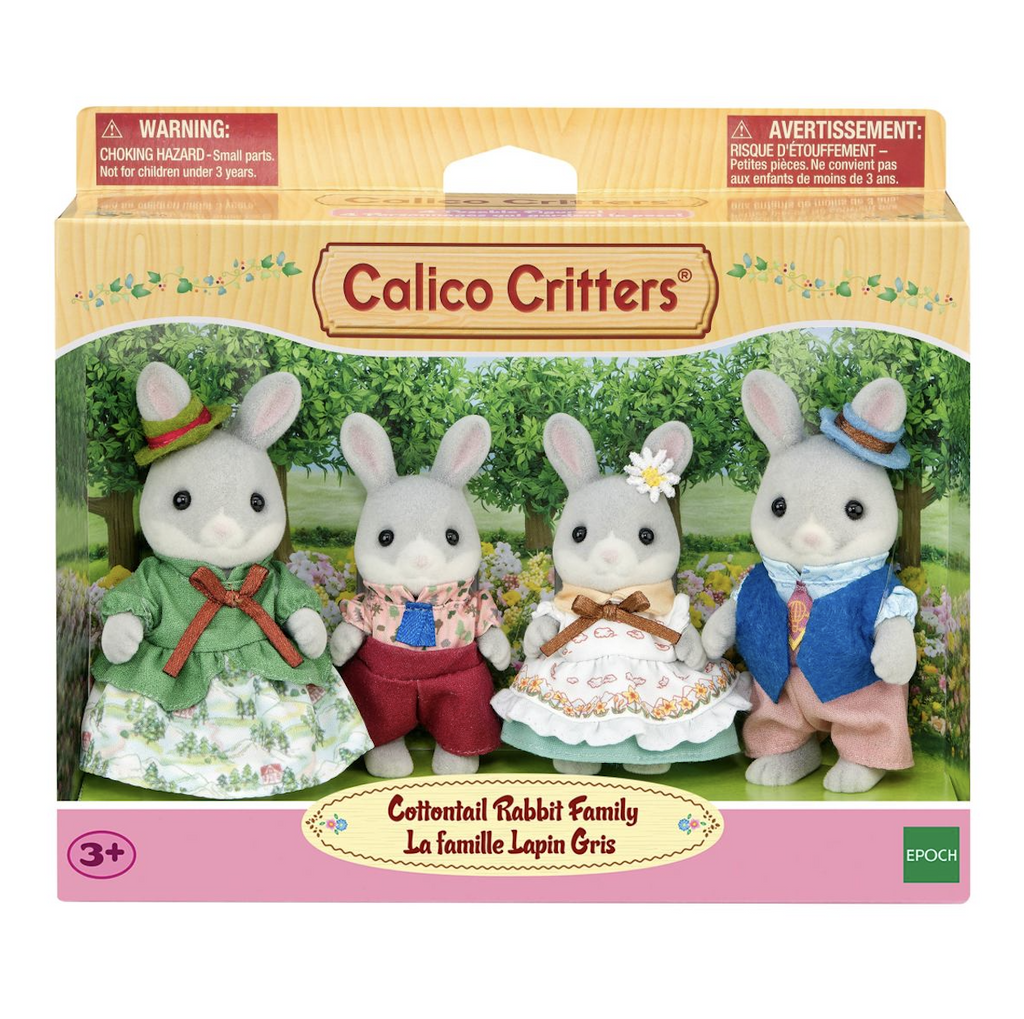 The Cottontail Rabbit Family from Calico Critters packaged in a box with a clear front that shows the four poseable rabbit figures. 