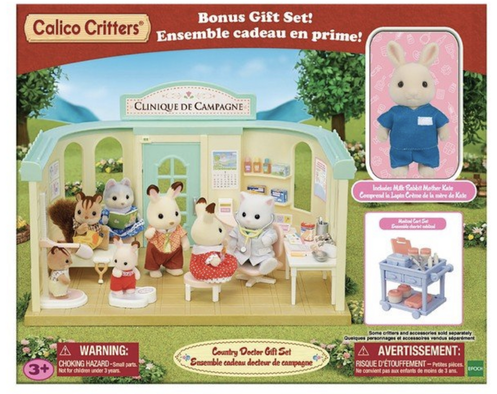 Country Doctor Gift Set by Calico Critters box with pictures of the playset set up and the doctor treating critter patients. 