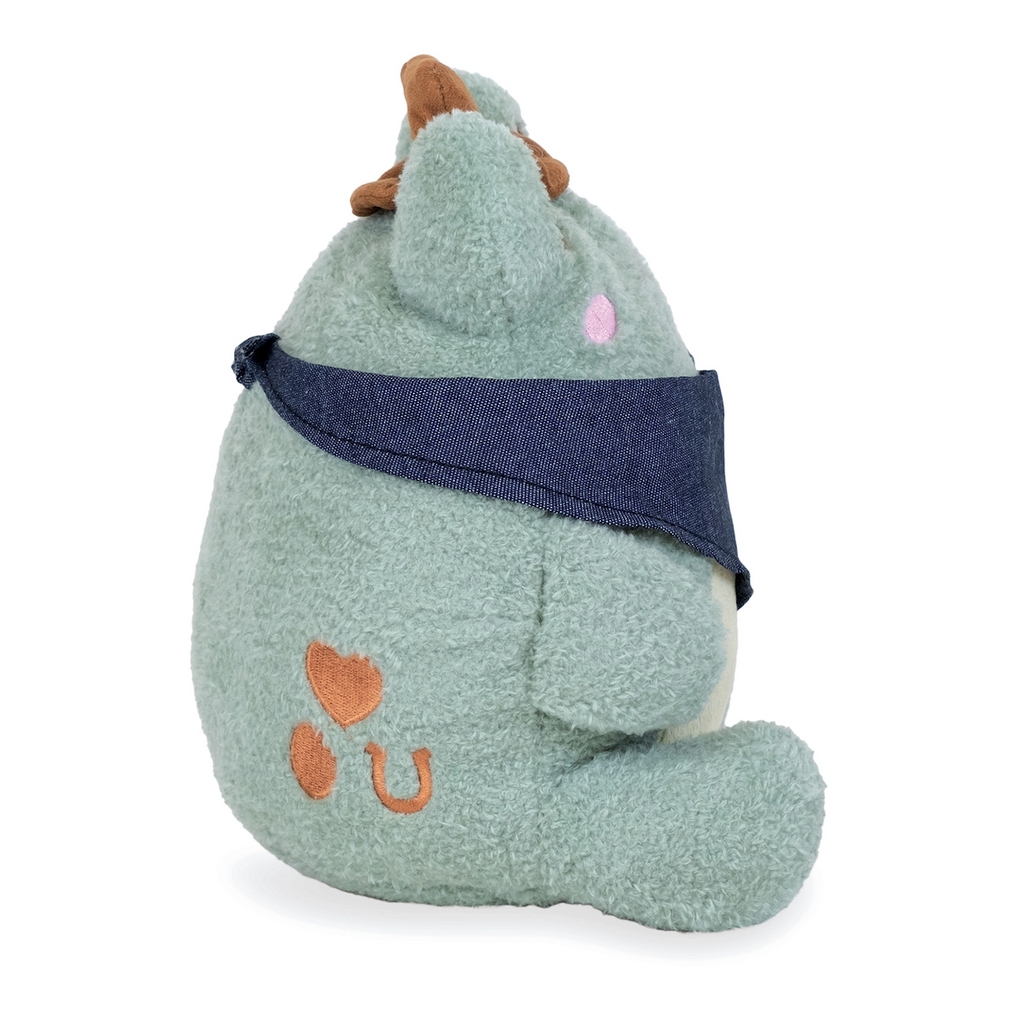 Side view of Cowboy Wawa plush frog. 