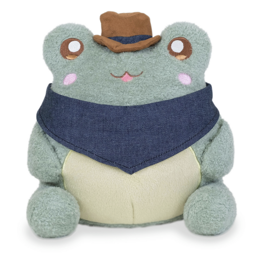 Cowboy Wawa plush frog wearing a bandana around his neck and a cowboy hat. 