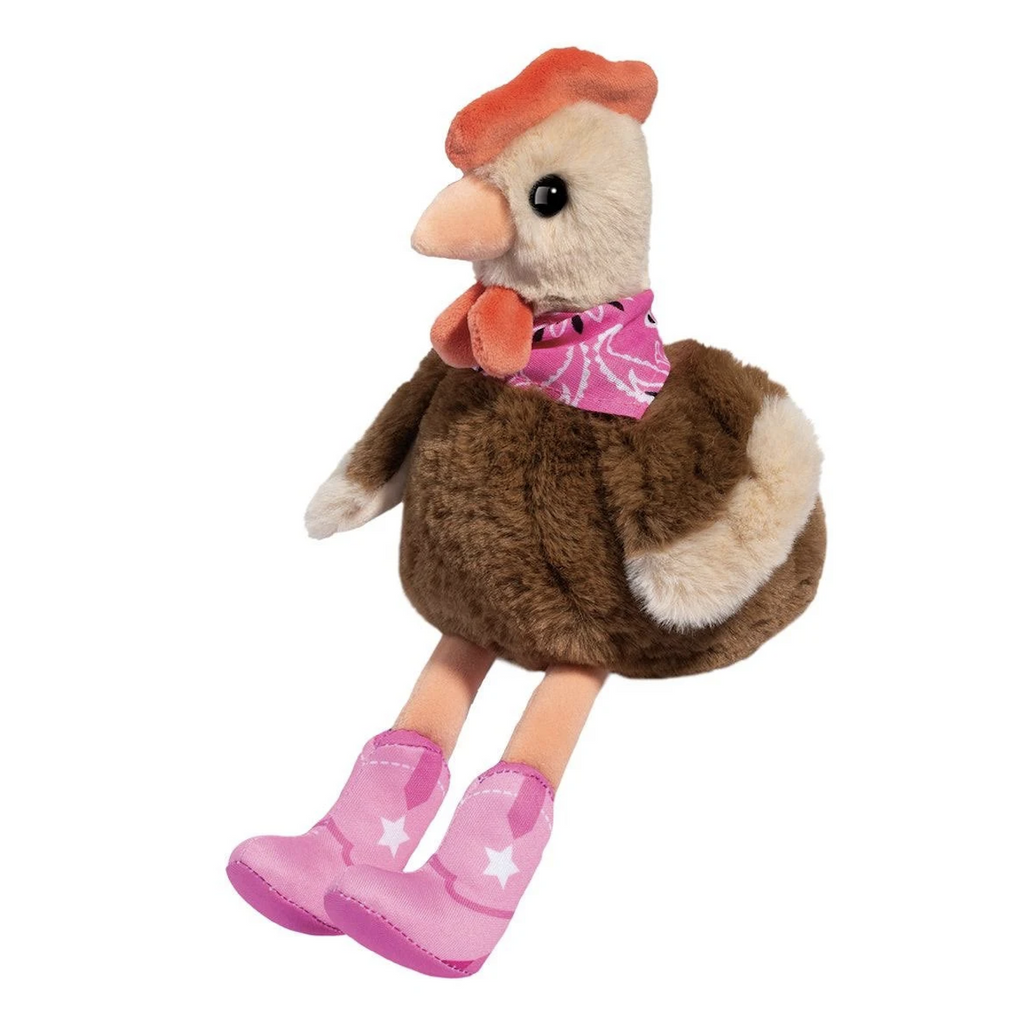 An ever so stylish plush chicken wearing pink cowboy boots on her long legs and pink bandana. 