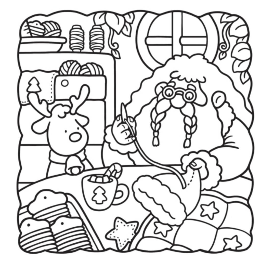 Coloring page with Santa Claus, reindeer, and presents in a festive setting.