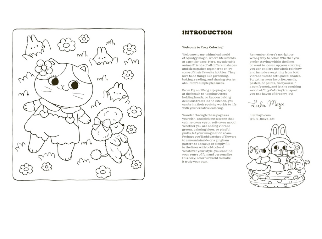 Coloring book page with a cat and dog illustration and introductory text.