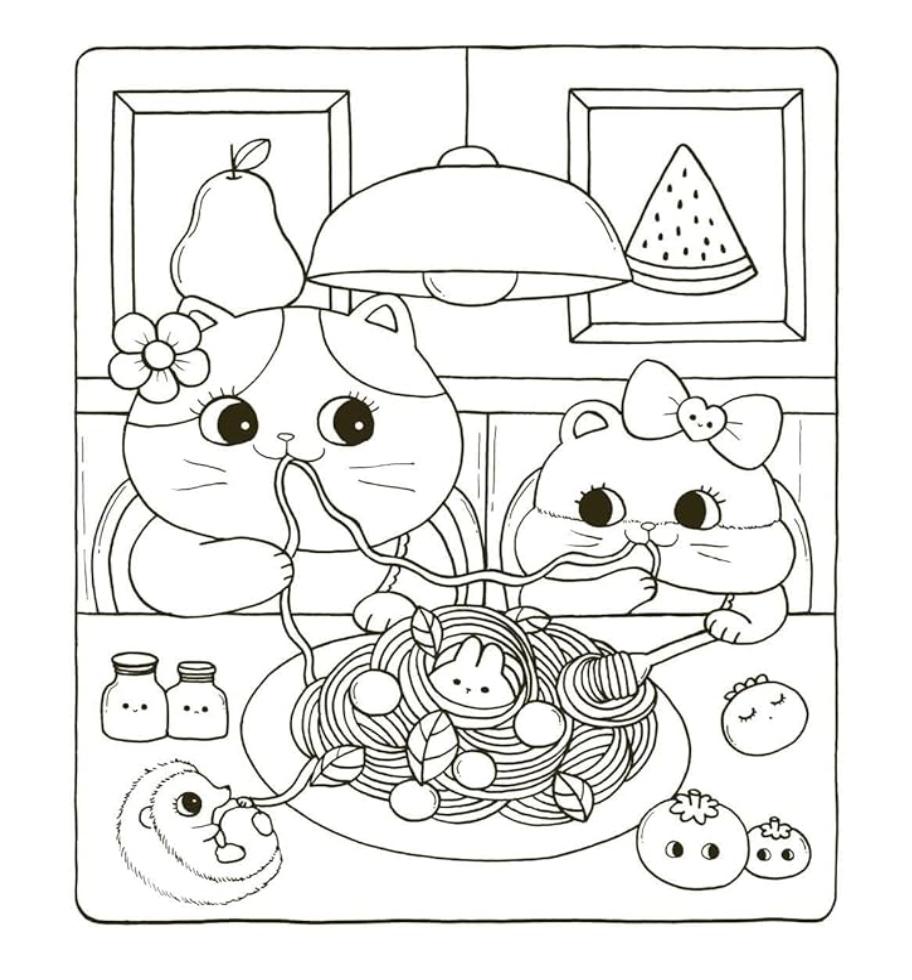 Coloring page with cartoon animals eating spaghetti, a pear, and watermelon in the background.
