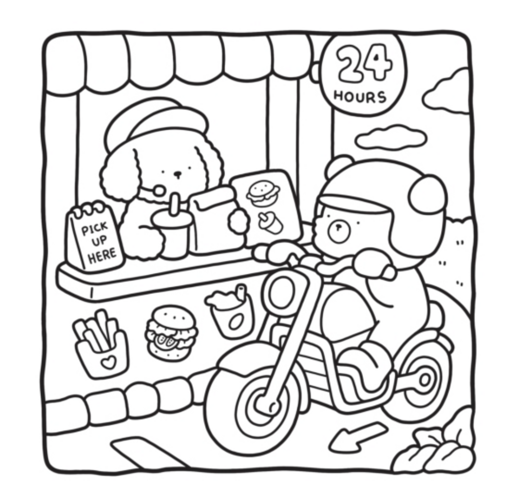 Illustration of a character on a motorcycle delivering food to a store with a '24 Hours' sign.