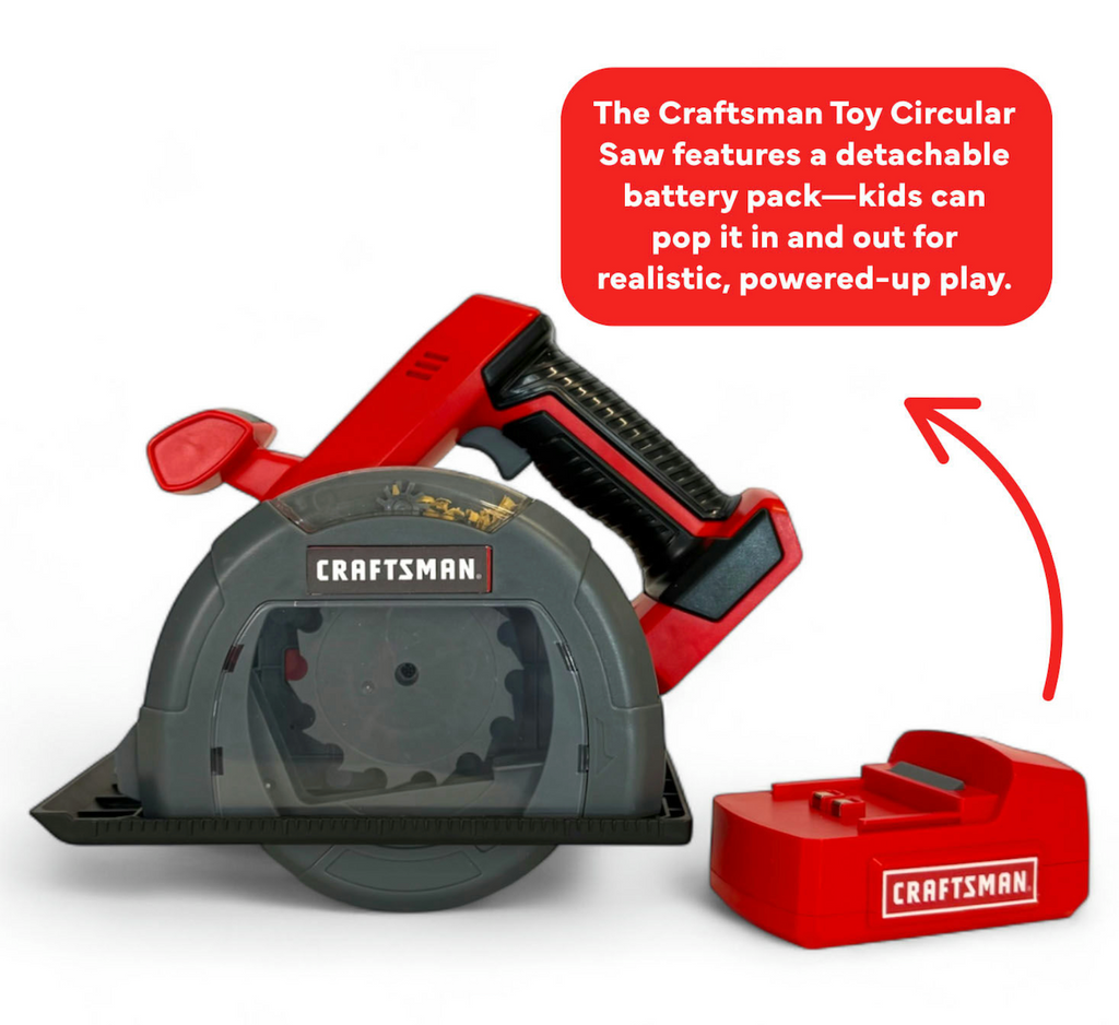 The Craftsman Battery Powered Circular Saw toy with the detachable battery pack removed for realistic powered up play. 