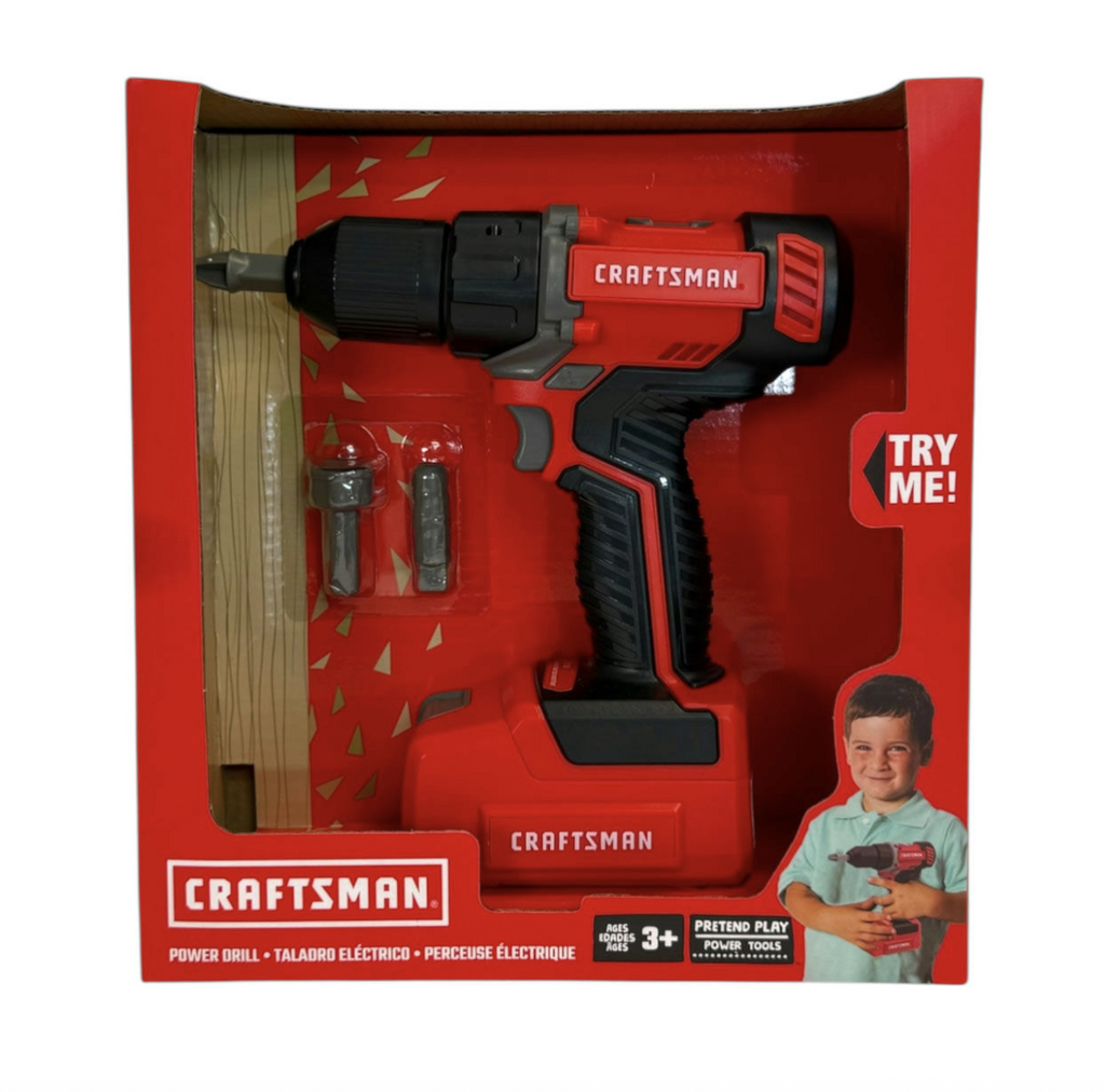 Craftsman Battery Operated Power Drill packaged in an open box that shows off the realistic kids tool with the included bits and detachable battery.  