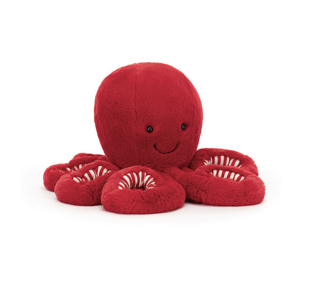 Large Cranberry Octopus plush with a sweet smile from Jellycat. 