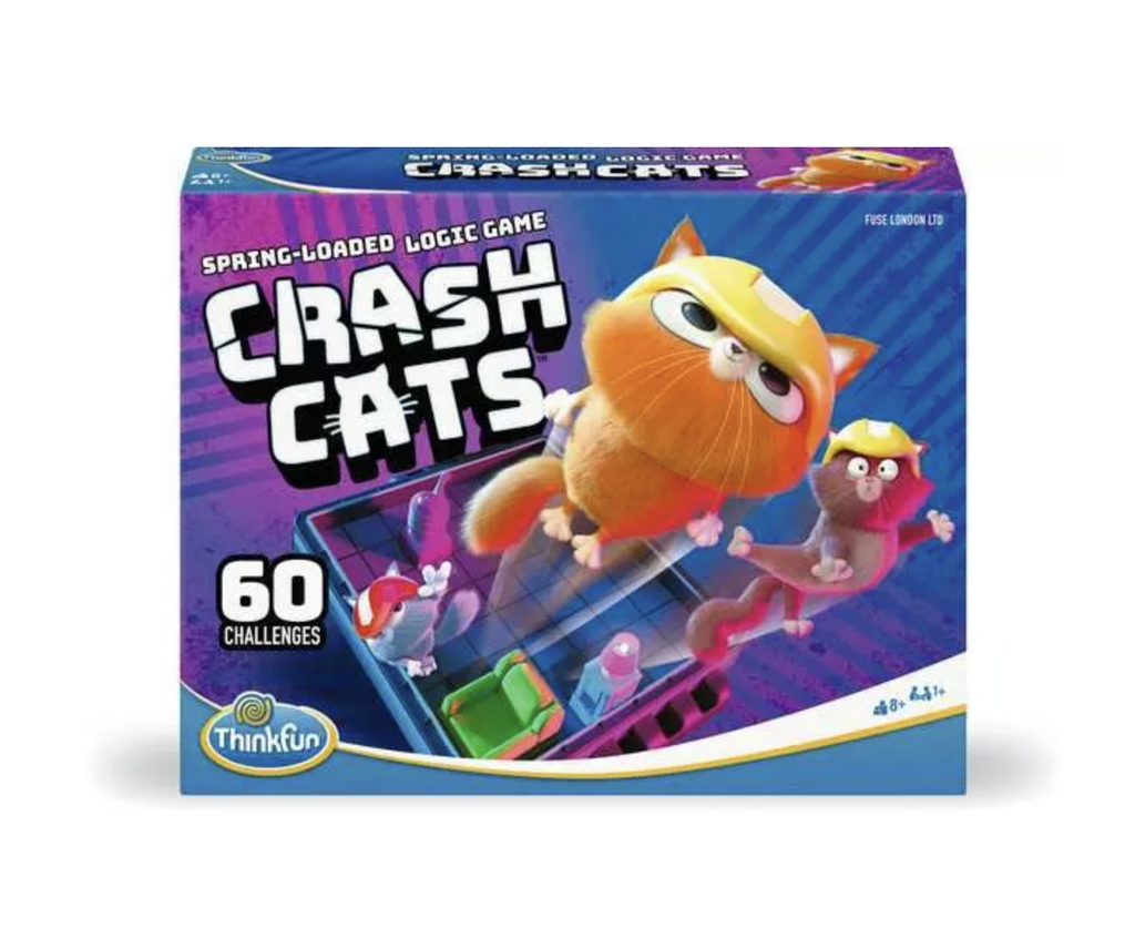 Crash Cats Spring Loaded Logic Game features illustrations of cats in hard hats springing off the game board.