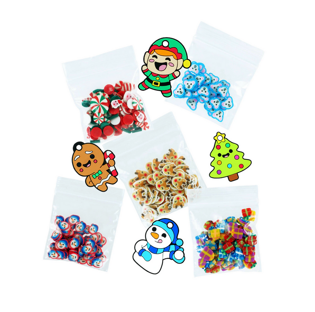 Bags of the seasonal themed mix in's and holiday characters that come in the Crazy Aaron's Thinking Putty Advent Calendar. 