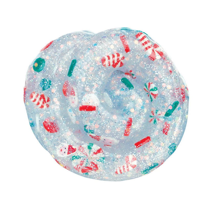 Clear slime with holiday themed mix in's of snowmen, swirled candy and red and green sprinkles. 