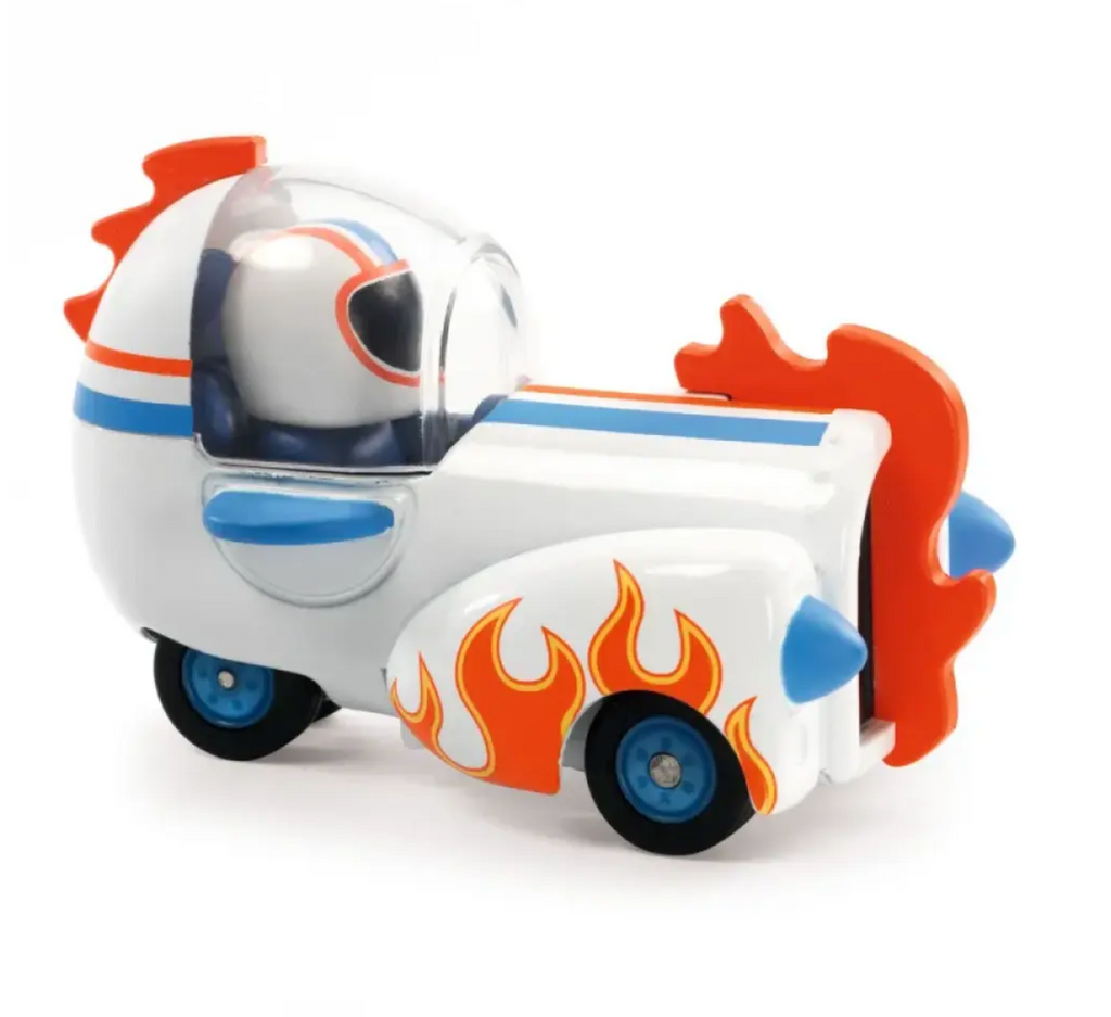 Rocket shaped diecast car with flames painted on the bumpers and the driver wearing an astronaut helmet.