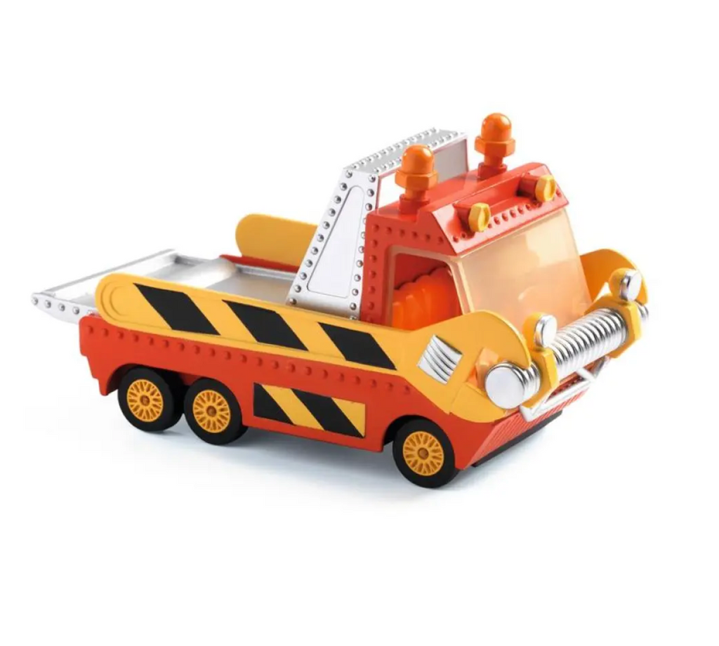 Yellow and orange Crazy Motors Crazy Truck with flatbed for hauling other Crazy Motors vehicles.