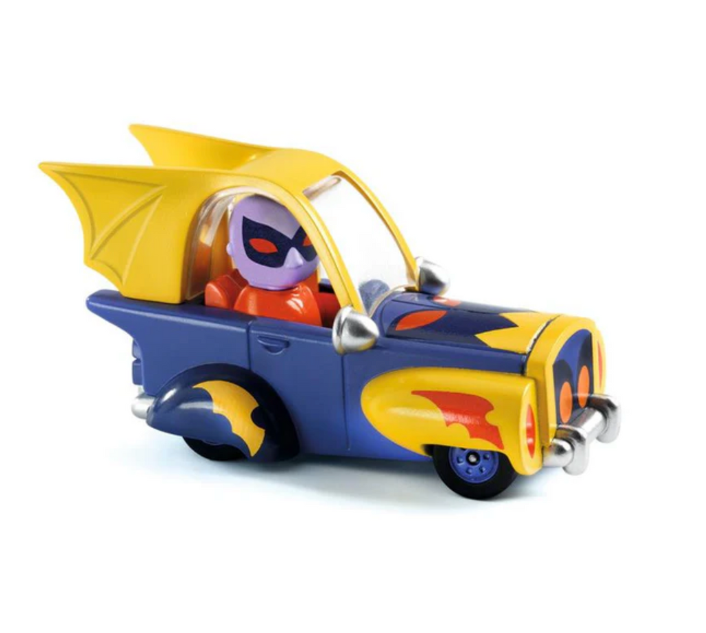 Dark blue diecast car with yellow fins coming off the hood. The driver is wearing a purple hood with black and red eye mask.