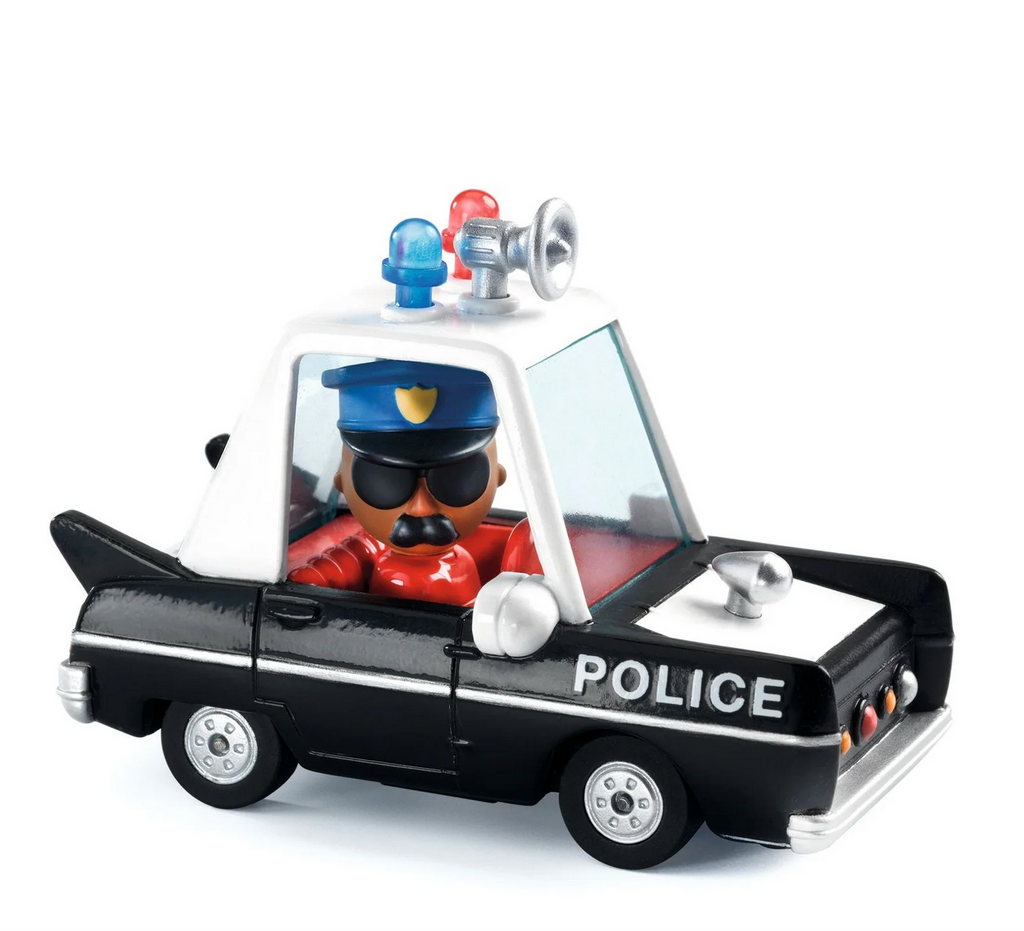 Hurry Police diecast car with the driver wearing a blue cap with gold badge emblem.
