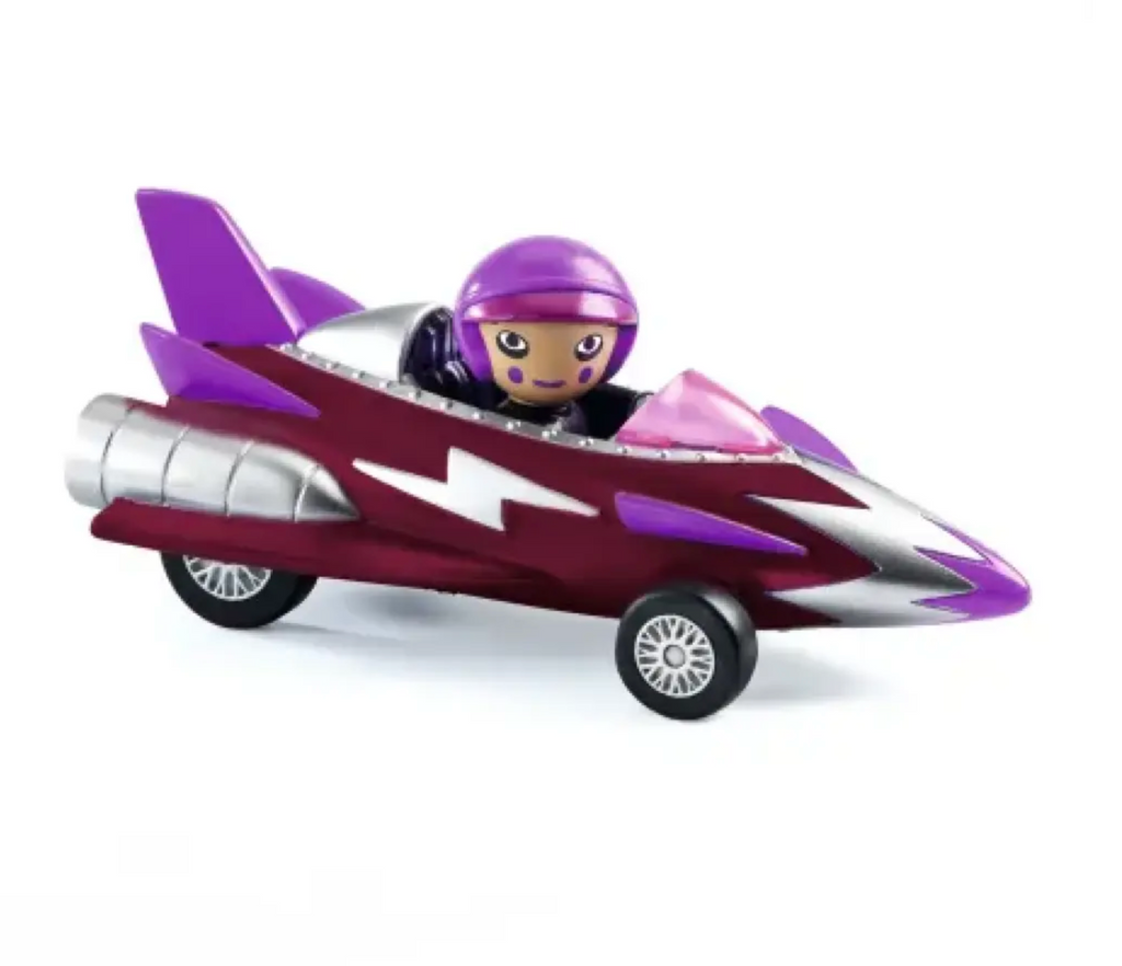 Dark burgundy diecast racer with purple fins and helmet.
