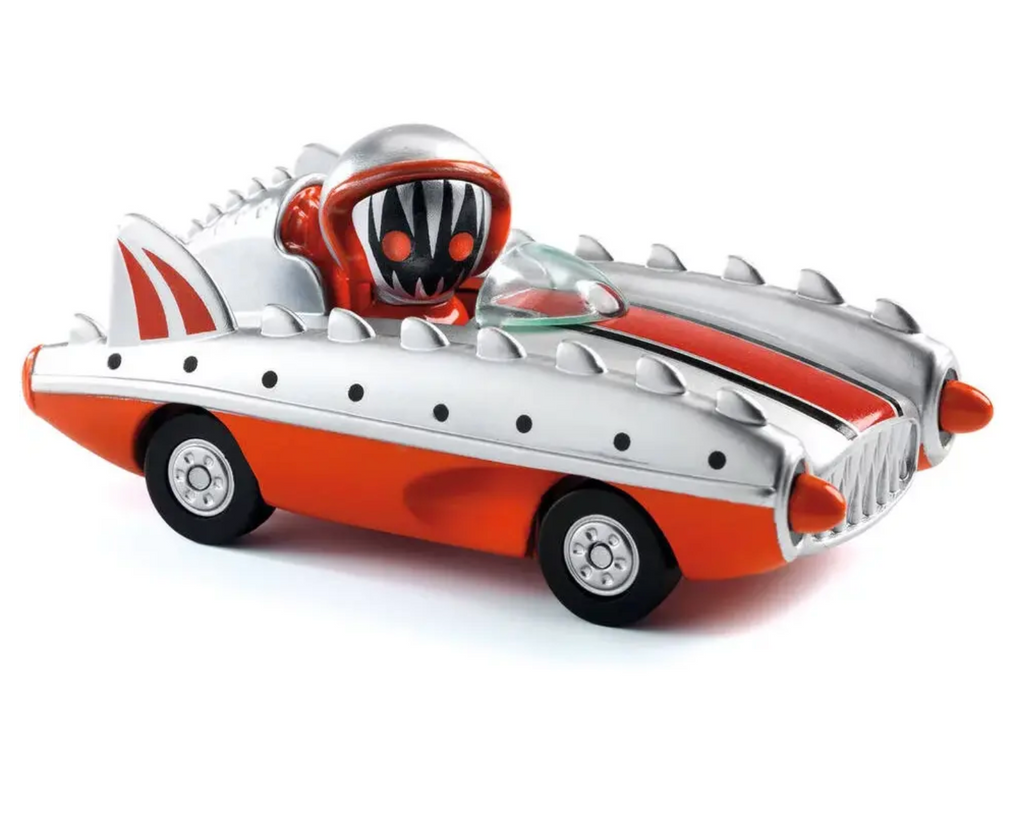 Orange and grey diecast car with a driver with large, sharp teeth. 