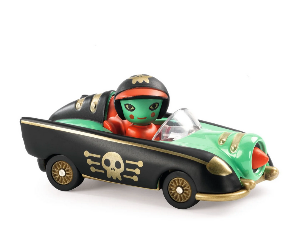 Pirate Wheels diecast car with green hood and black sides with a gold skull embellishing the doors. The driver is green and wearing a helmet that matches the doors.