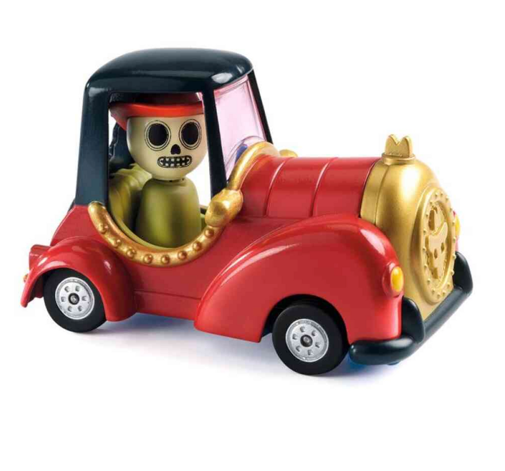 Red car with black top and skeleton driver with red top hat.