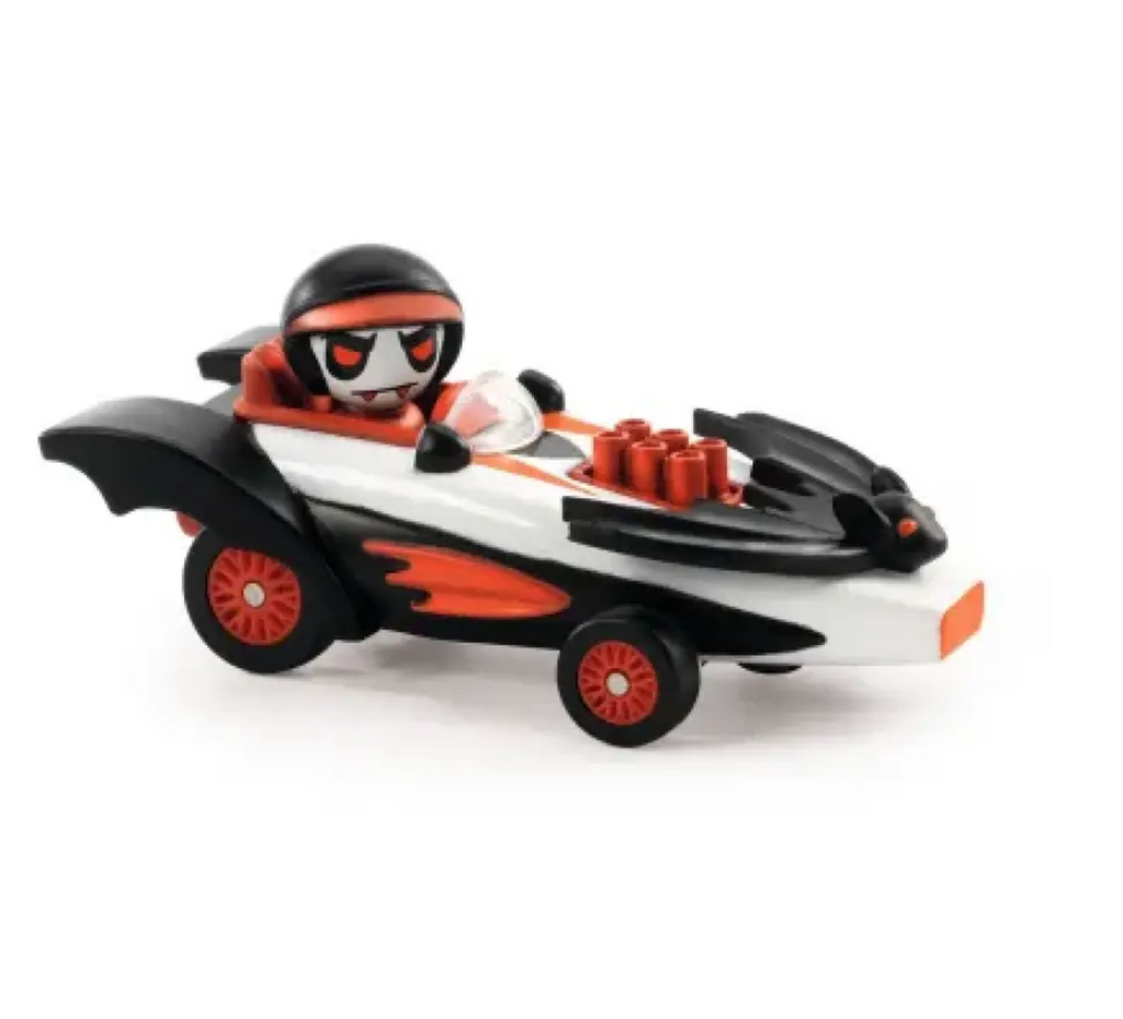 Speed Bat diecast car with a black bat ornament on the hood and wing shaped fenders.