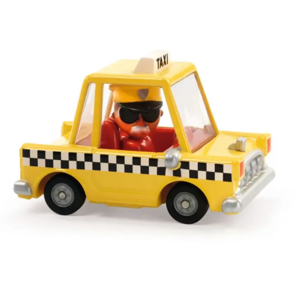 Diecast Taxi Joe Crazy Motors vehicle painted in the traditional yellow and checkerboard pattern.