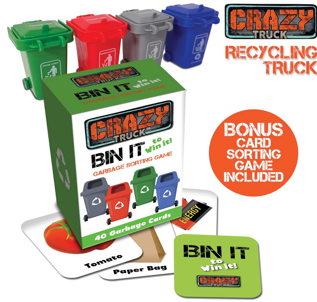 Crazy Truck Bin It garbage sorting game with colorful bins and cards on a white background. 