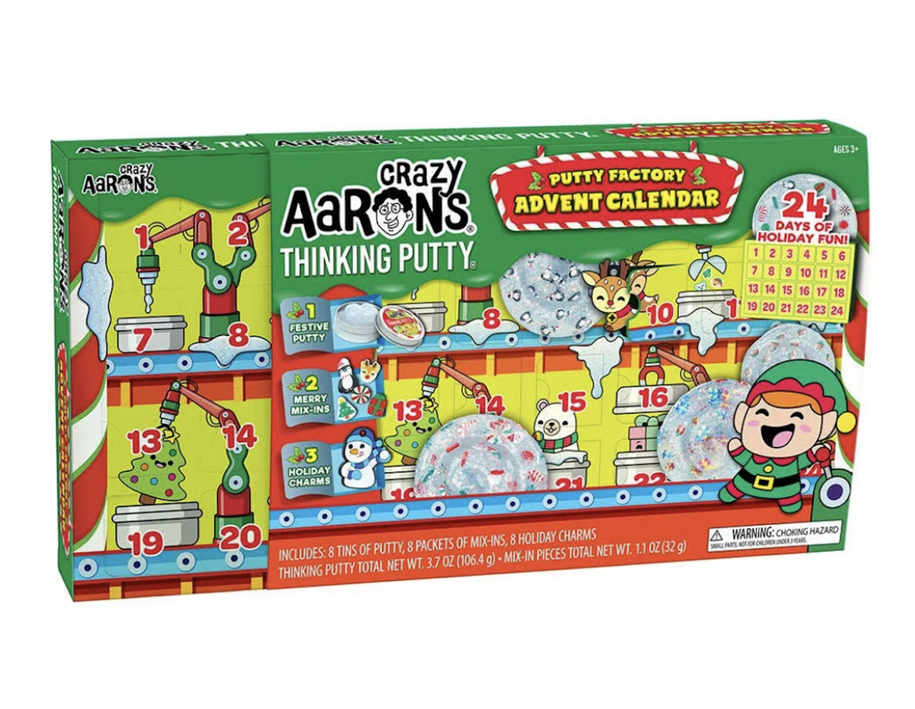 Box for Crazy Aaron's Thinking Putty Advent Calendar with bright green, yellow and red illustrations of the items that come inside the calendar. 