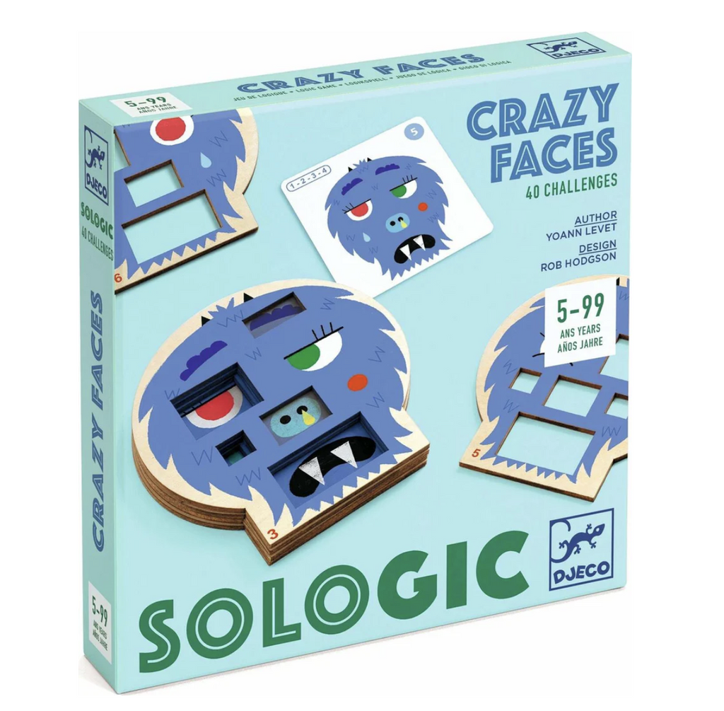 Crazy Faces Sologic game box with images of the game board as well challenge cards on it. 