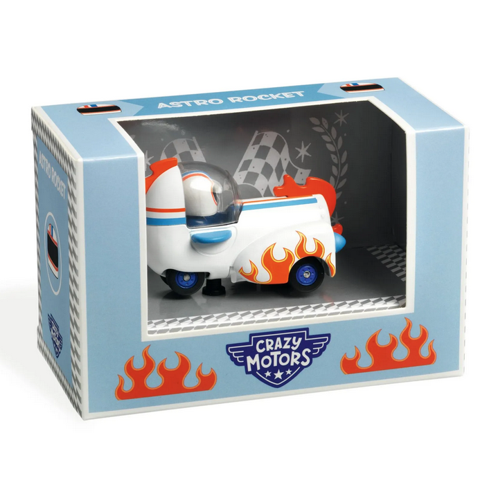 Astro Rocket diecast vehicle packaged in a light blue box with one side open.