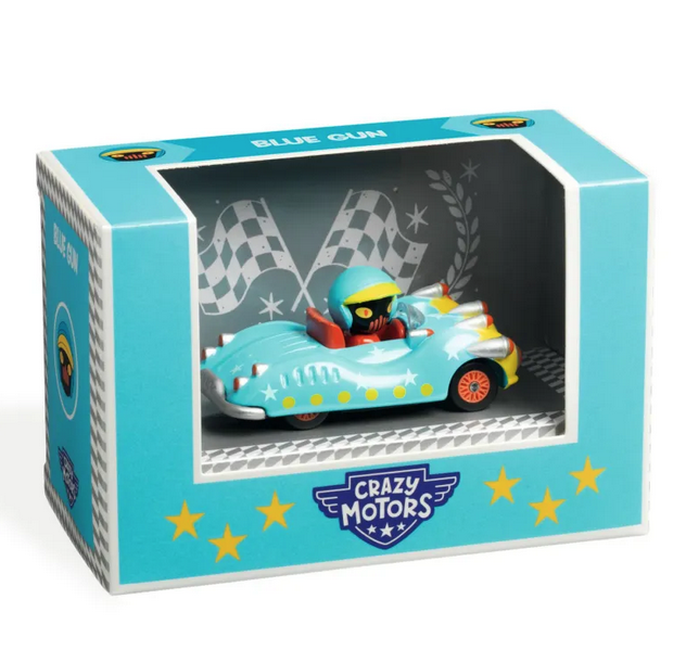 Crazy Motors Blue Gun diecast car packaged in a box with one side open.