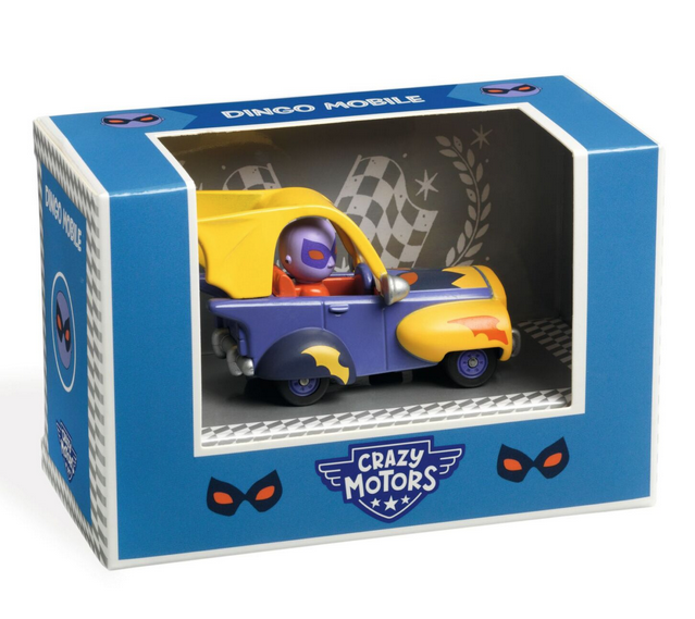 Crazy Motors Dingo Mobile in a dark blue box that is open on one side to show the diecast car. 
