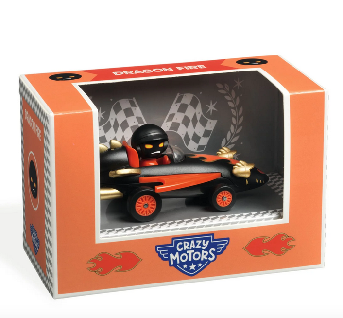Dragon Fire diecast vehicle packaged in an orange box with one side open. 