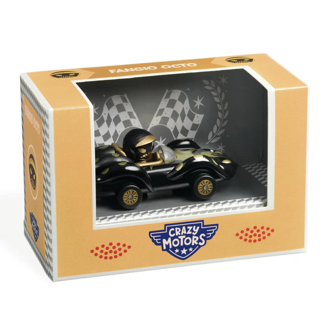Fangio Octo character car in a gold box with one side open. 
