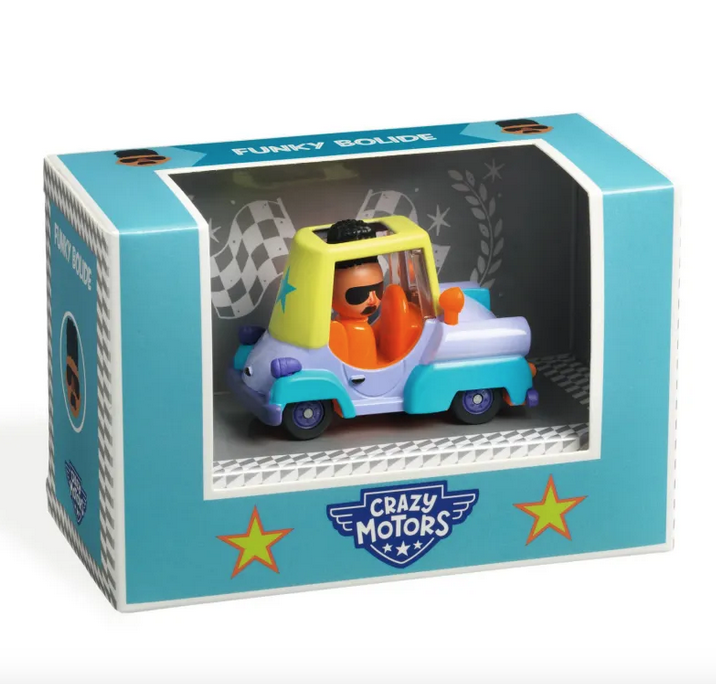 Funky Bolide diecast vehicle packaged in a box with one side open. 