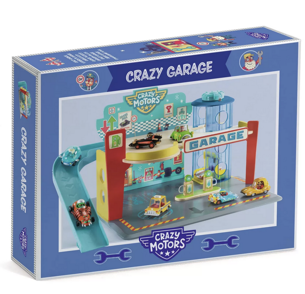 Crazy Motors Crazy Garage in a box with a picture of the garage assembled. 